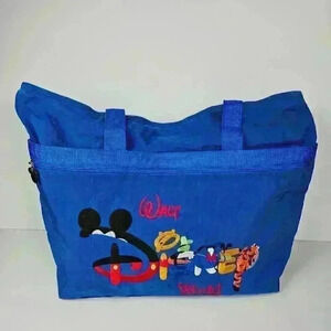 Disney Characters Nylon Tote Bag Carry On Blue Large MICKEY POOH GOOFY DONALD